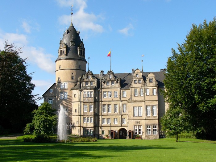 Residenzschloss Detmold castle with fountain and trees