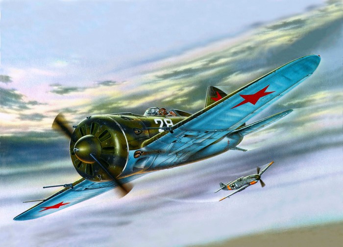Polikarpov I-16 and Messerschmitt Bf 109 in flight