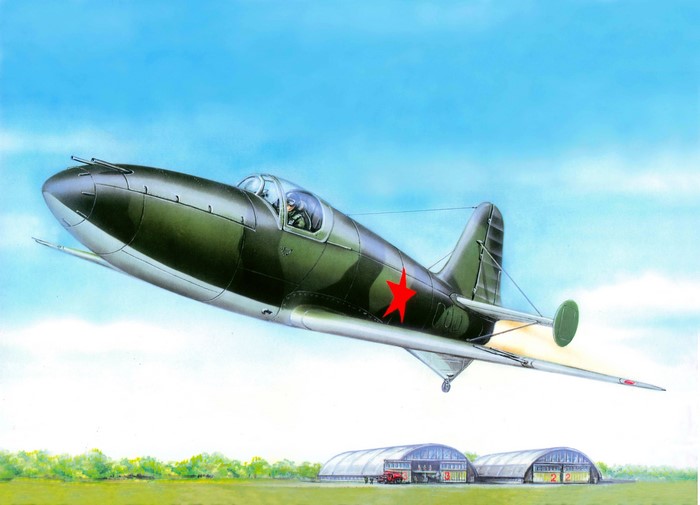 Painting of a Soviet jet fighter in flight