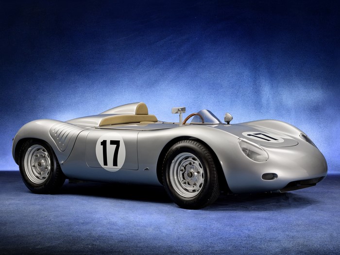 Silver Porsche 718 RSK race car with number 17