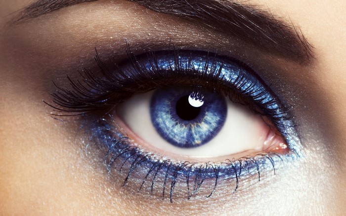 Close-up of a blue eye with blue eyeshadow and long eyelashes
