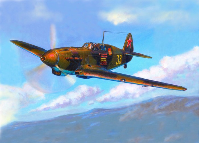 Painting of a Soviet Yakovlev Yak-9 fighter plane in flight