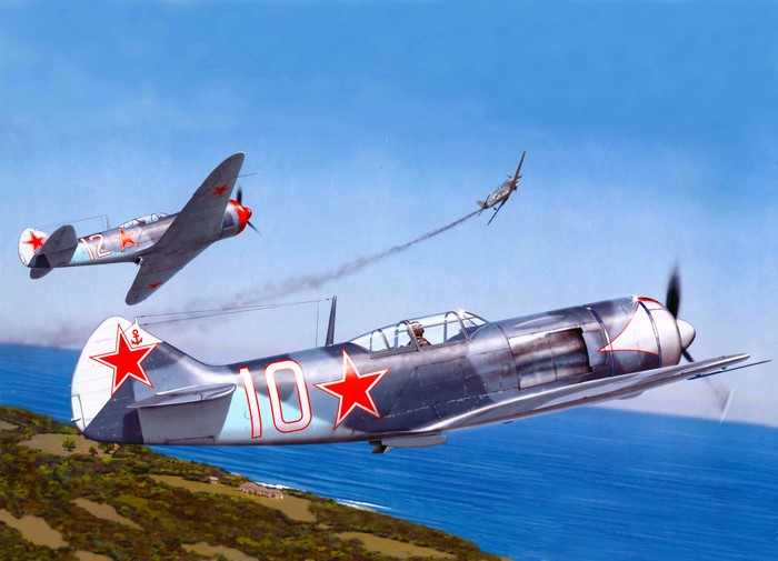 Two Soviet airplanes dogfighting over a coastline