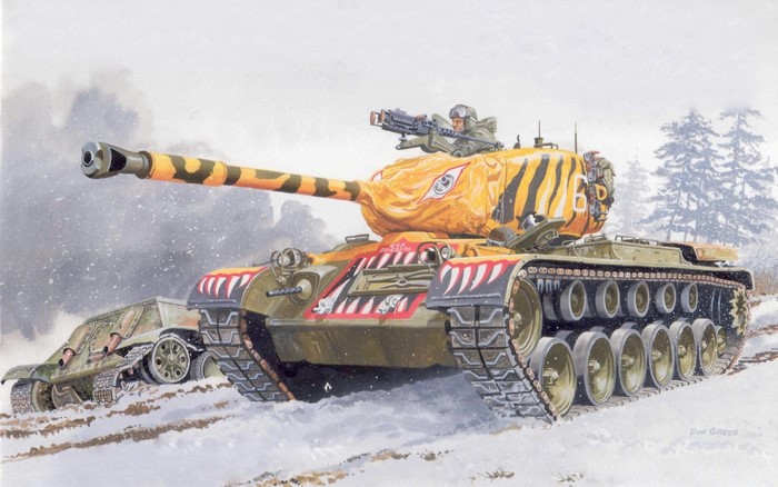 Tiger-painted tank in a snowy landscape