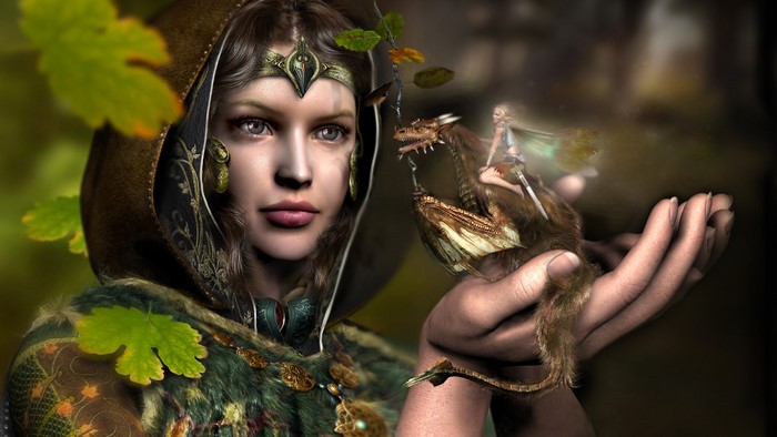 Woman holding a fairy riding a dragon