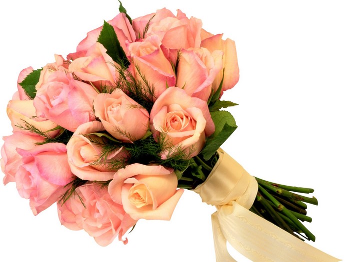 Bouquet of pink and peach roses with a ribbon
