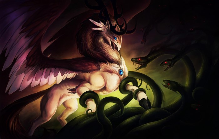 Mythical creature battling snakes