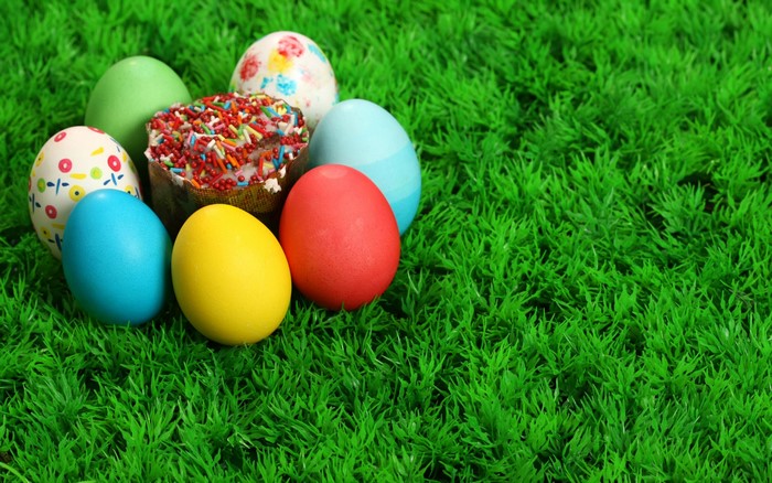 Easter eggs and cake on green grass
