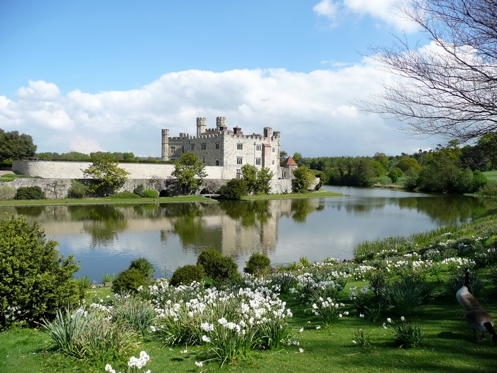 Leeds Castle in England with a moat and gardens