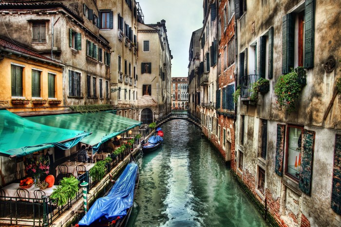 Venice Canal with Restaurants and Gondolas