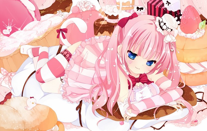 Anime girl with pink hair and blue eyes surrounded by sweets