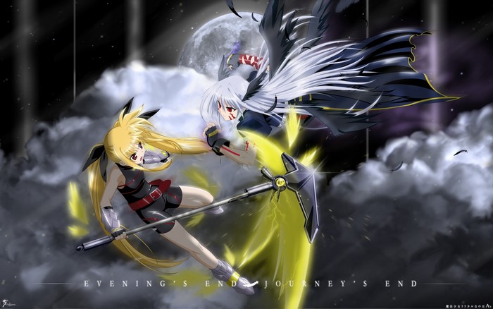 Two anime girls fighting with scythes and wings