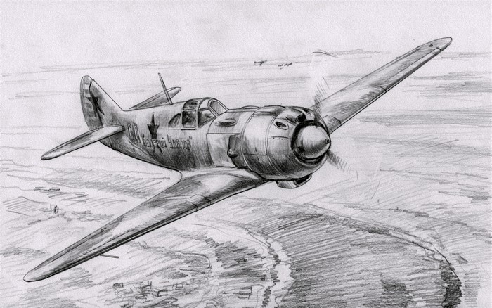 Pencil sketch of a Soviet fighter plane in flight