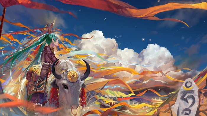 Hatsune Miku riding a yak with prayer flags