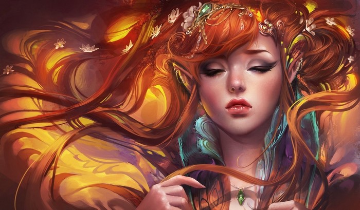 Elf with flowing red hair and ornate headdress