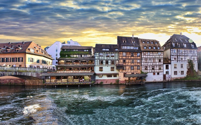 Half-timbered houses on a river in France