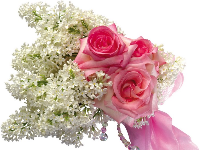 Pink roses and white lilac bouquet with pink ribbon