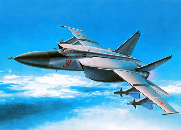 Soviet fighter jet with red number 31 flying