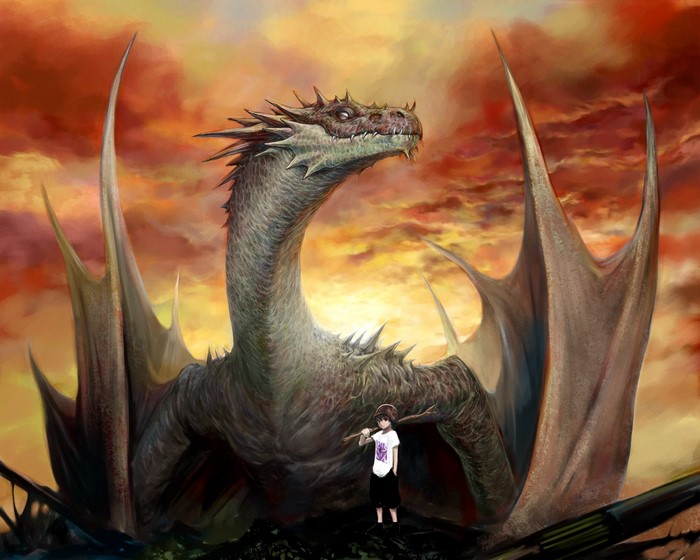 Dragon and a boy in front of a sunset