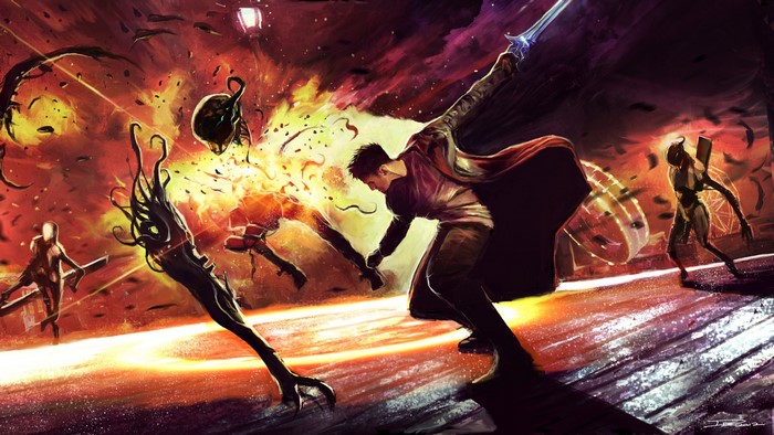 Dante from Devil May Cry fighting monsters