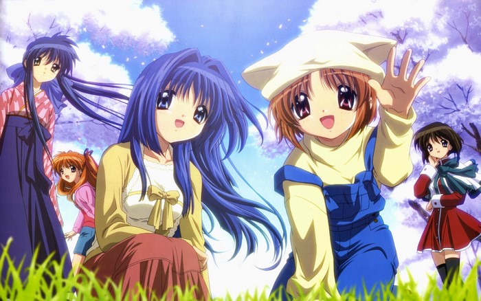 Kanon characters in a park with cherry blossoms