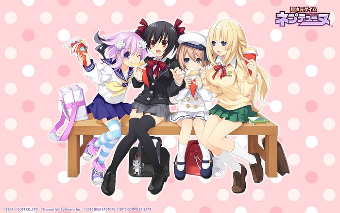 Four girls from Hyperdimension Neptunia sitting on a bench