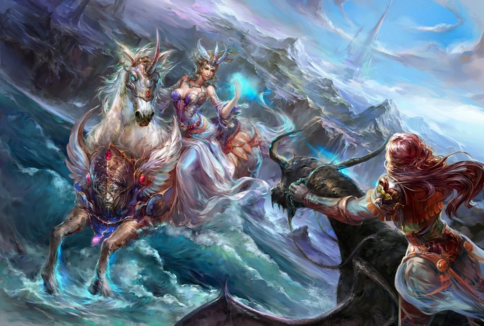Woman on unicorn fighting a dragon rider
