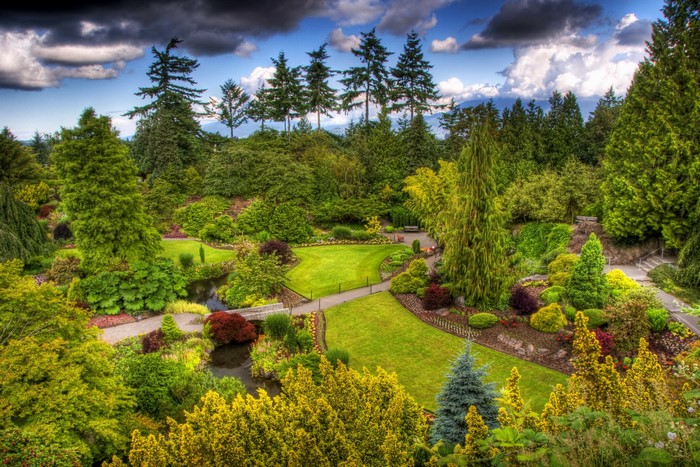 Beautiful botanical garden with winding paths and trees