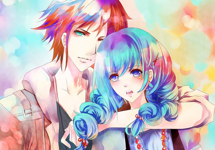 Young man embracing a girl with colorful hair