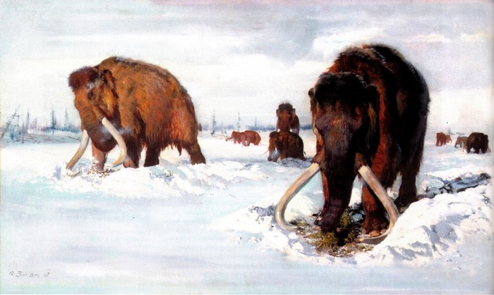 Mammoths in a Snowy Landscape