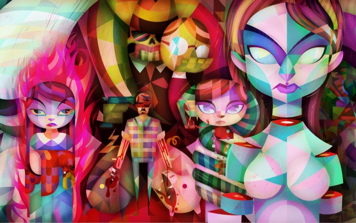 Abstract characters with geometric patterns and vibrant colors