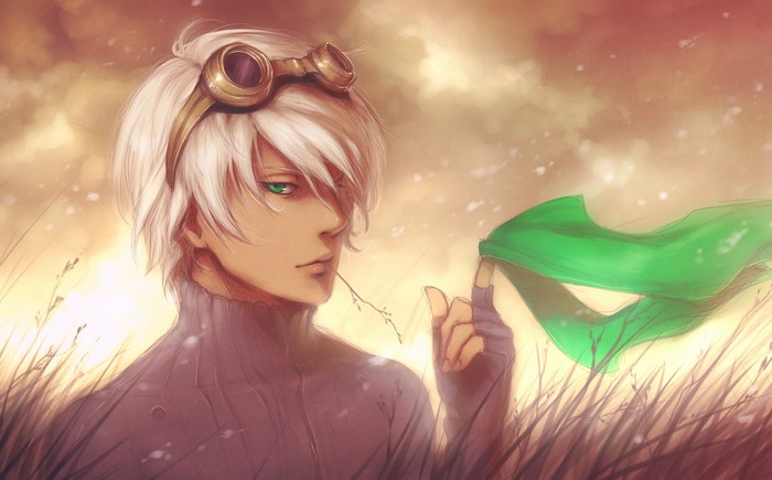 Anime man with white hair and goggles