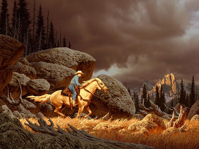 Cowboy riding a horse in a rocky mountain landscape