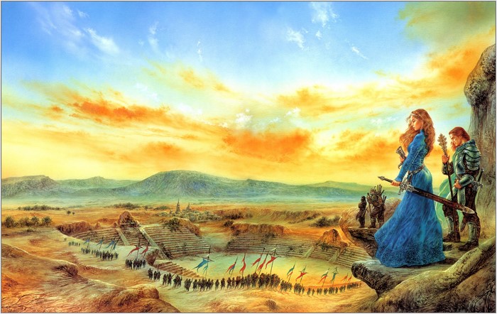 Luis Royo fantasy art with warriors and ancient ruins