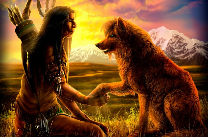Native American warrior and wolf shaking hands at sunset