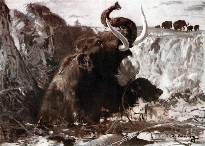 Mammoth sinking in mud with herd in background