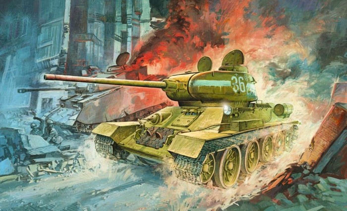 Painting of Soviet T-34 tanks in urban combat