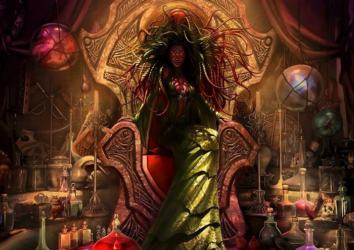Medusa on a throne in a potion-filled room