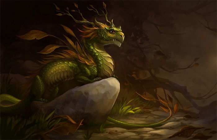 Green dragon with leaves on a rock