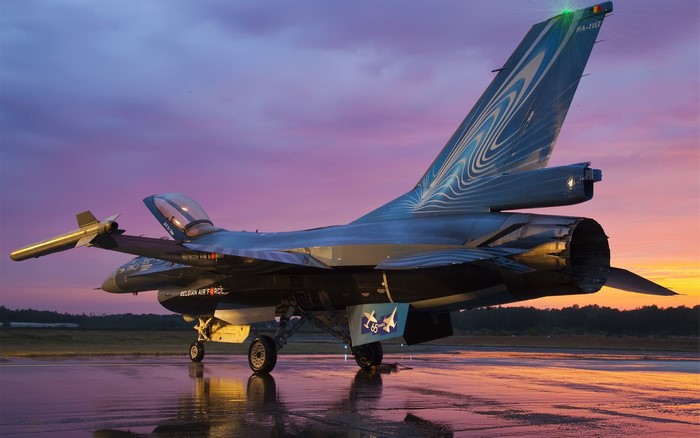 Belgian Air Force F-16 Fighter Jet at Sunset