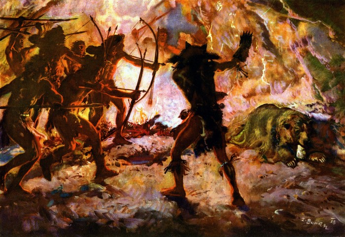 Cavemen hunting a bear with fire and spears