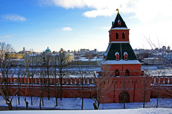 Moscow Kremlin Tower and River in Winter