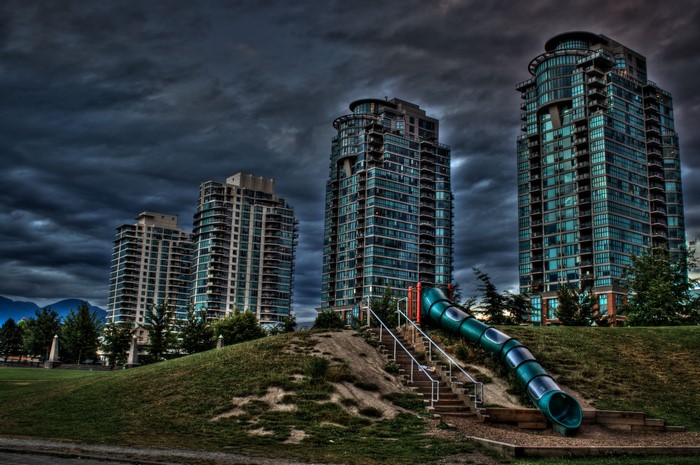 Apartment buildings and playground slide