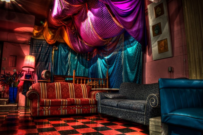 Interior with ornate fabrics and seating