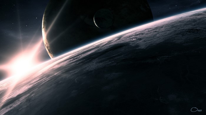 Sunrise over alien planet with moon and star