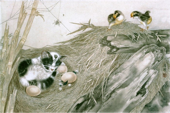 Kitten sleeping with eggs near chicks and spider