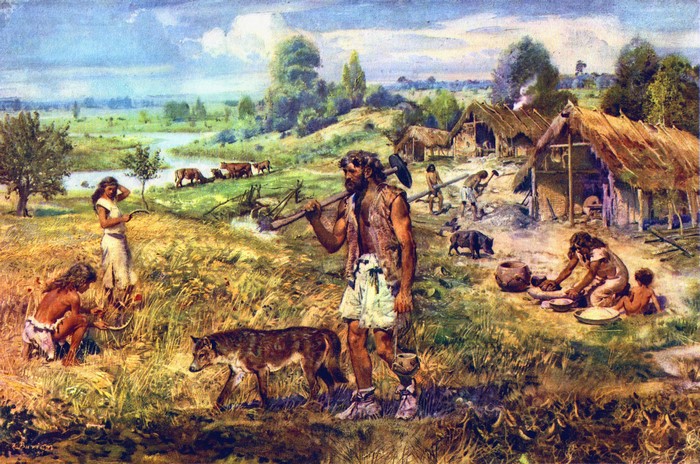 Neolithic Settlement Daily Life Scene