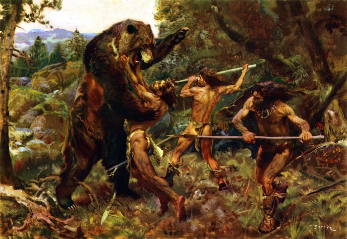 Cavemen fighting a bear with spears