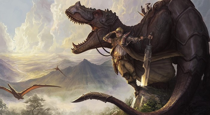 Warrior riding a dinosaur with pterodactyls flying
