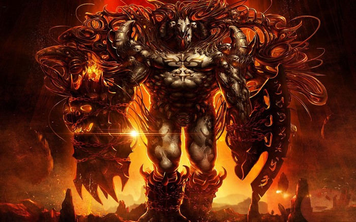 A monstrous demon with horns and chains